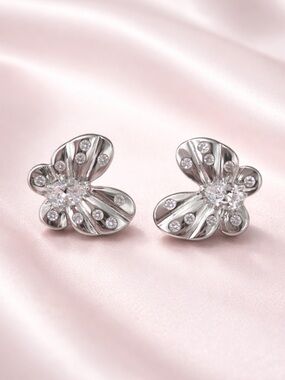 Sterling Silver 925 Butterfly CZ Crystal Stud Earrings - Silver